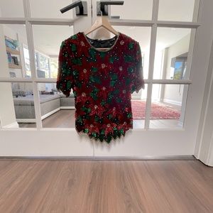 LAURENCE Kazar Vintage Sequin Beaded Holiday Poinsettia Blouse, Size S